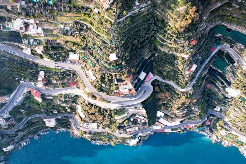 Aerial of the Winding Road of Amalfi Drive, Italy
