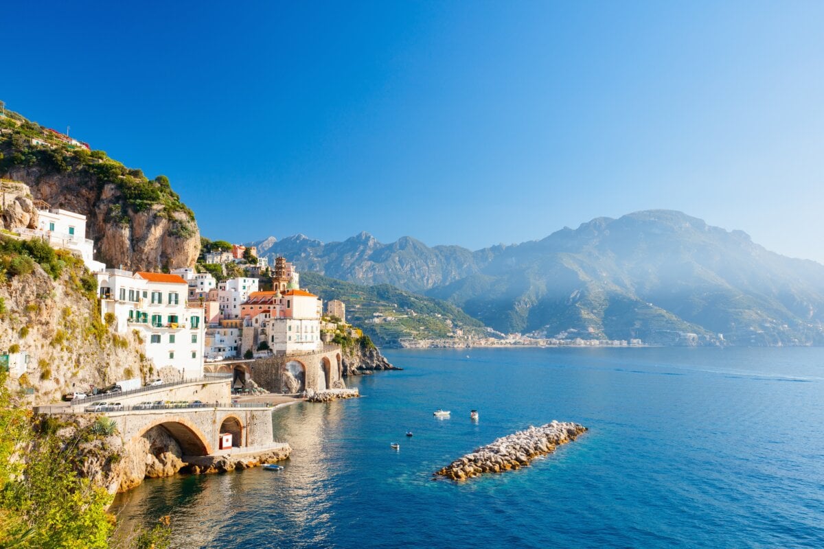 Stunning view over Atrani little town and beach on Amalfi coast in Italy