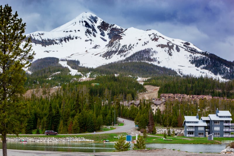 View of Big Sky mountain village and Bog Sky Mountain backdrop