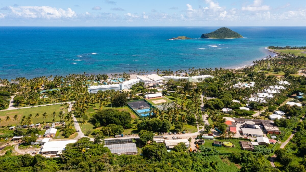 Drone shot over the beachfront Coconut Bay Resort and Spa