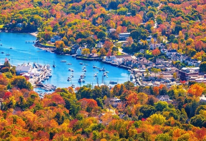 aerial view of Camden Maine with fall trees