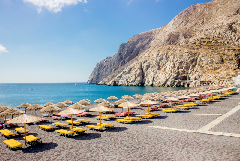 Beach Chairs at Kamari Beach Santorini, Greece