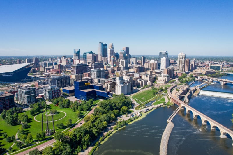 Aerial View of Mississippi River and Minneapolis Skyline