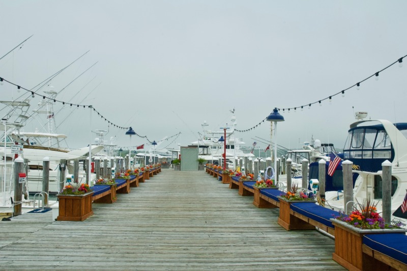 Montauk Yacht Club dock on a cloudy day in Montauk, New York