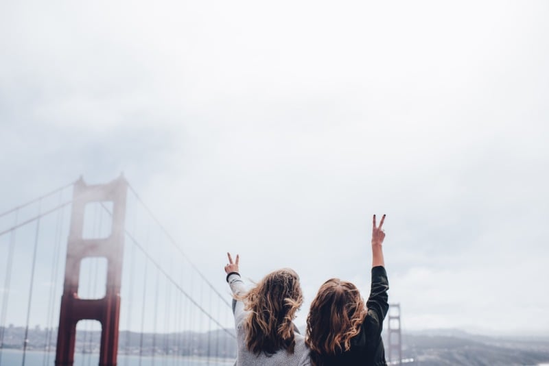 Travelers doing a peace sign in front by the Golden Gate Bridge