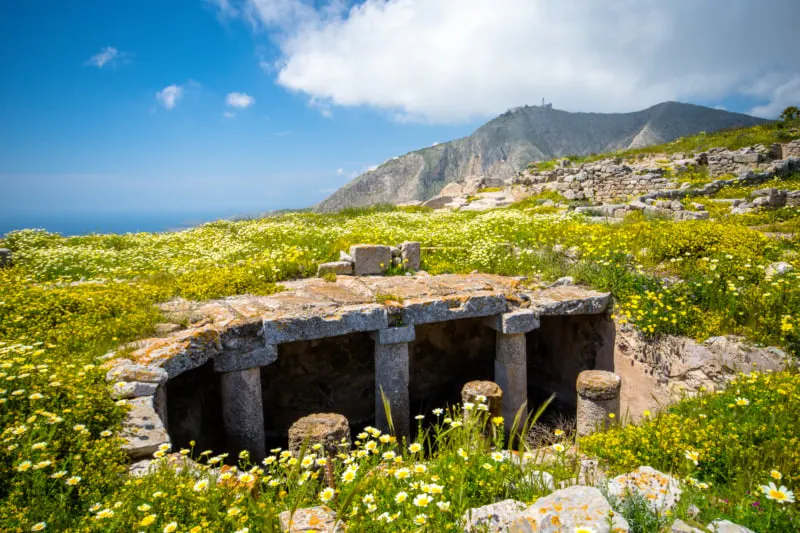  The ruins of ancient Thira, a prehistoric village at the top of the mountain Mesa Vouno, Santorini, Greece