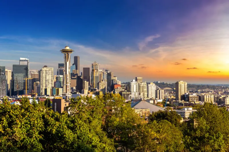 Panoramic view of Seattle cityscape at sunset